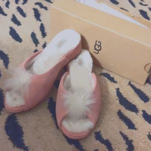 Pink suede UGG Yvette Heel Slippers With White Puffy Ball